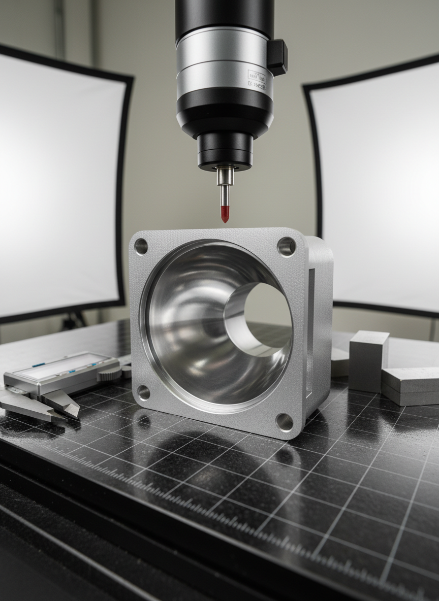 A close-up of a custom-machined metal housing with complex internal geometry, its surface alternating between mirror-polished chambers and fine bead-blasted textures, positioned on a precision granite surface plate marked with subtle gridlines. Surrounding it are carefully placed measurement tools: a digital caliper, gauge blocks, and a coordinate measuring machine probe hovering nearby, slightly out of focus. Neutral, diffused studio lighting from both sides accentuates edges and tolerances without harsh reflections. Photographic realism, professional and technical mood. Shot from a low, slightly oblique angle with shallow depth of field, emphasizing craftsmanship, exacting standards, and the meticulous nature of mission-critical materials fabrication.