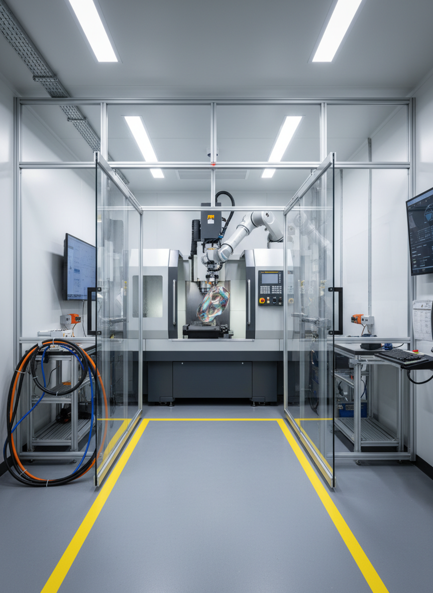 An ultraclean industrial fabrication cell enclosed in transparent safety panels, centered around a multi-axis CNC machining center and a robotic arm handling a shimmering alloy workpiece. The floor is polished epoxy in a cool gray tone, with clearly marked pathways and neatly routed cable trays. Overhead LED strips bathe the scene in bright, neutral light, creating crisp reflections on metal surfaces but minimal glare. Photographic realism with a modern, high-tech atmosphere. Captured from a wide, slightly elevated perspective, sharp focus throughout, highlighting workflow efficiency, automation, and the organized precision expected in mission-critical manufacturing environments.