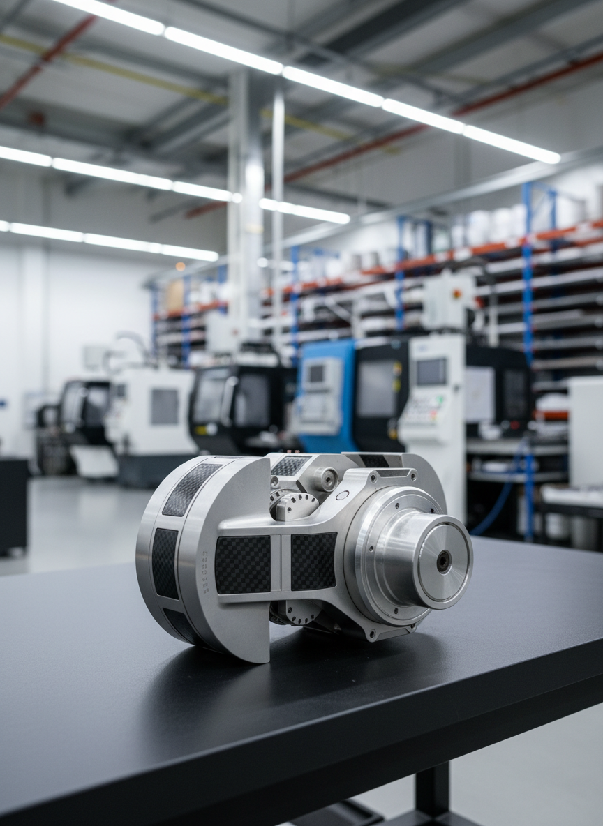 A high-precision aerospace component made of brushed titanium and carbon fiber, resting on a matte black inspection table in a spotless advanced fabrication facility. Behind it, softly blurred CNC machines, laser cutters, and organized racks of raw materials suggest a mission-critical production environment. Cool, even overhead LED lighting reveals every machined edge, intricate tolerance detail, and surface finish, casting crisp but subtle shadows. Photographic realism, clean and modern aesthetic. Shot at eye level with a slight three-quarter angle, sharp focus on the component with a gentle bokeh background, conveying reliability, technical excellence, and uncompromising quality control.