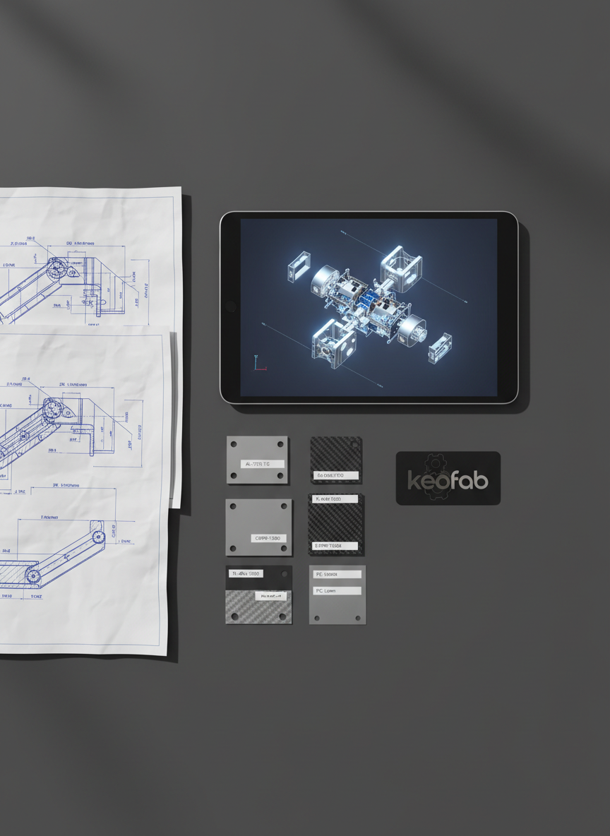A precisely arranged flat lay of materials engineering documentation and physical samples on a smooth dark gray work surface: technical drawings with fine linework, a tablet displaying a 3D CAD model of a complex assembly, labeled metal and composite coupons, and a small laser-engraved plate with the name “keofab” integrated into the design. Soft, directional studio lighting from the upper left creates gentle shadows and emphasizes paper textures, machined edges, and screen glow. Photographic realism, clean and professional mood. Shot from a true top-down bird’s-eye view with balanced composition, conveying strategic planning, design-to-fabrication alignment, and the role of keofab as a dependable materials fabrication partner.