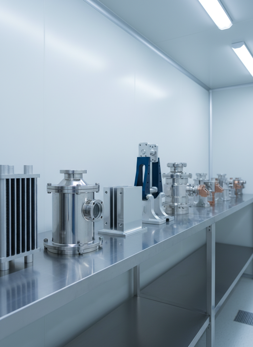 A row of precision-engineered components for energy and semiconductor applications—heat exchangers, vacuum chambers, and intricate brackets—neatly lined up on a satin-finished aluminum shelf in a controlled production area. Each part displays different alloys and surface treatments, ranging from bead-blasted matte to finely polished mirror segments. Cool, even industrial lighting highlights contours and sharp edges, with soft shadows falling toward the back wall clad in clean white panels. Photographic realism with a calm, methodical atmosphere. Captured at eye level with a slight telephoto lens, compressing the row of components into a cohesive line, emphasizing repeatability, scalability, and readiness for deployment in mission-critical systems.