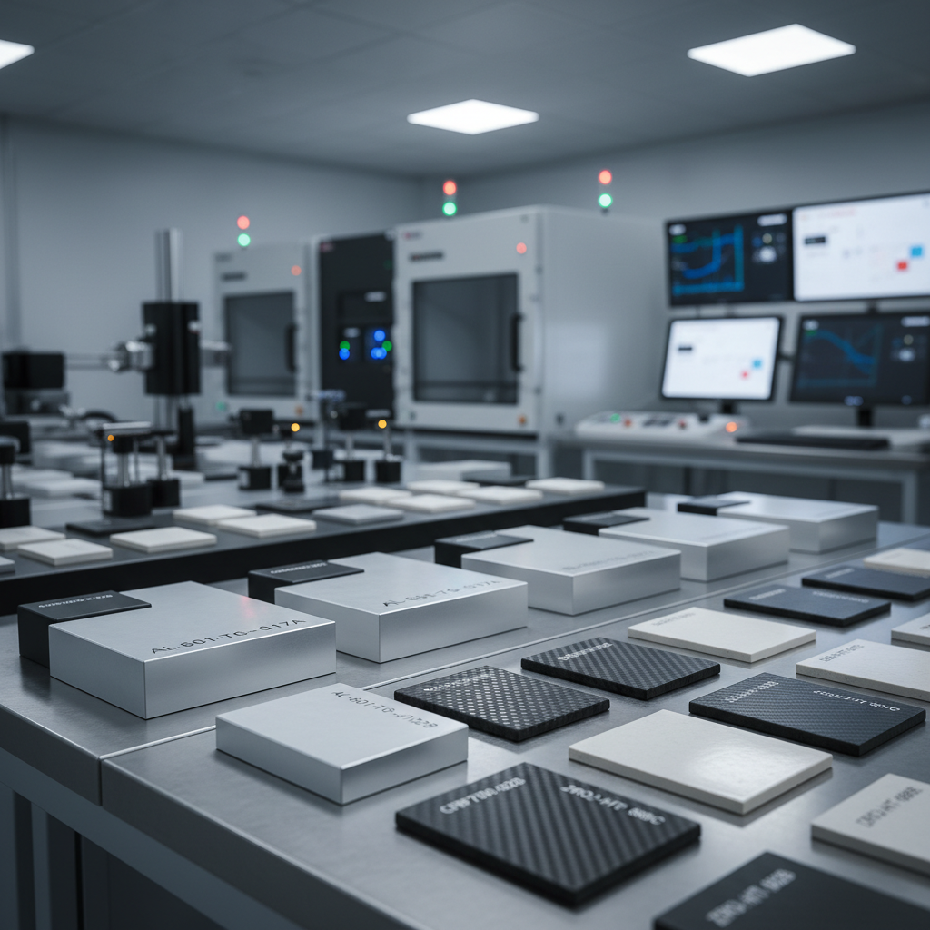 An immaculate modular materials testing setup featuring precisely arranged metal, composite, and ceramic samples labeled with laser-etched identifiers, aligned on a satin-finished stainless steel bench. In the background, a blurred bank of instrumentation consoles, environmental chambers, and digital displays suggests a lab dedicated to mission-critical industries. Cool, diffused overhead lighting and a faint glow from indicator LEDs create a controlled, clinical atmosphere. Photographic realism with a professional, minimalist aesthetic. Captured from a slightly elevated angle using rule-of-thirds composition, with sharp focus on the foreground samples and soft falloff into the background, evoking rigor, traceability, and trust in fabrication processes.