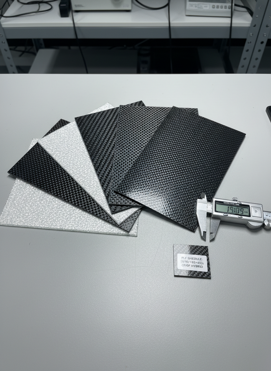 An overhead view of advanced composite panels: carbon fiber and glass fiber laminates with different weave patterns, stacked and slightly fanned out on a neutral gray industrial workbench. Edges show layered construction and precision trimming. Nearby, a digital caliper and a small material coupon with labeled ply schedule hint at testing and QA. Lighting is cool and even, with subtle reflections on the resin-rich surfaces, matching the clean, high-tech keofab aesthetic.